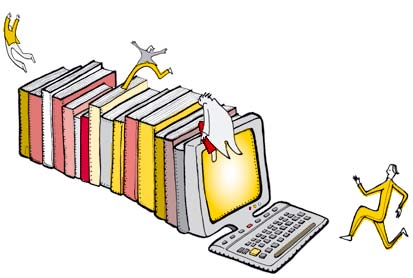 A ilustração tem ao centro um conjunto de livros cuja leitura é mediada por um ecrã de computador, o qual apoia os utilizadores a transpor os obstáculos
da leitura